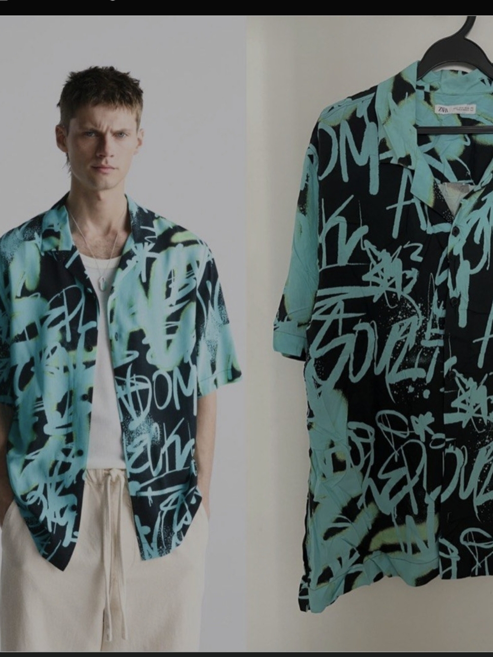 Zara Men Black & Teal Graffiti Print Short Sleeve Shirt
